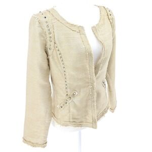 Studded Tweed Blazer Jacket Beige Collarless Frayed Edges Valentino Inspired M